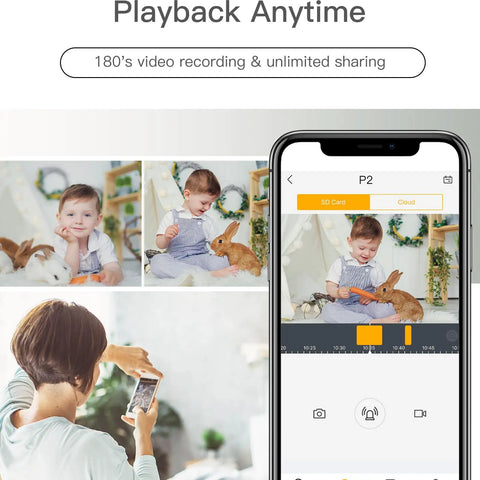 Mother using smartphone app to view child and pet through Must Have 360 Degree Pet Camera For Baby And Pets Indoor Security Camera.