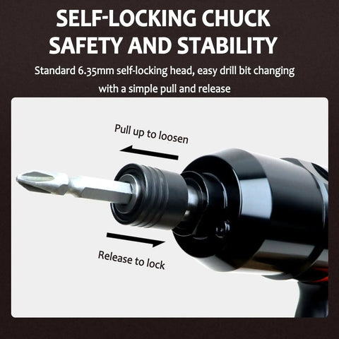 Close-up of self-locking chuck on Heavy-Duty Pneumatic Pulse Torque Wrench, Pistol Grip Air Impact Driver for easy bit changes.