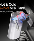 Fully Automatic Espresso Machine With Conical Burr Grinder And Smart Hot Cold Milk Frother For No Sweat Barista Level Drinks And Quick Cleanup Right At Home, showing 2-in-1 milk tank for hot and cold foam.