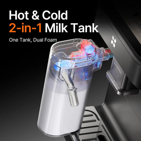 Fully Automatic Espresso Machine With Conical Burr Grinder And Smart Hot Cold Milk Frother For No Sweat Barista Level Drinks And Quick Cleanup Right At Home, showing 2-in-1 milk tank for hot and cold foam.