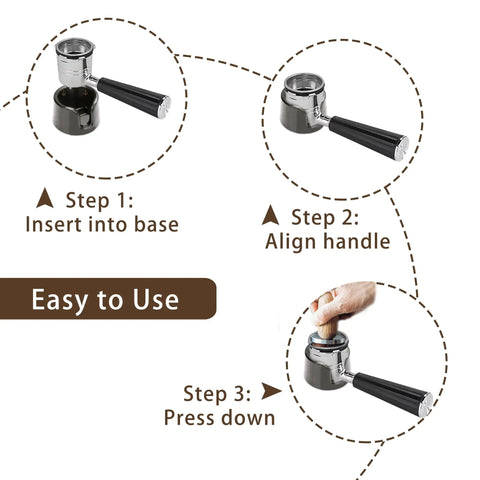 Three-step guide using Precision Fit Anti Slip Tamper Base For Espresso Machines ES601 ES701 Portafilter Stand