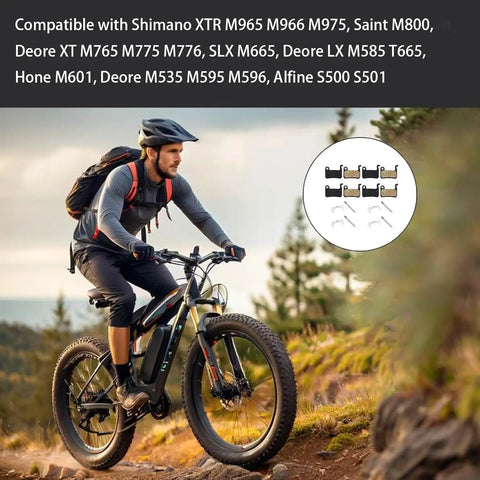 Cyclist on a mountain bike in forest with inset of 4 Pairs Resin Disc Brake Pads for MTB Mountain Bikes, easy install.