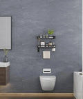 Black Glass Bathroom Shelf Wall Mounted 15.7 Inch Tempered Glass Shelving, two tier with hooks, installed in modern bathroom