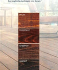 Top Shelf Semi Transparent Wood Stain And Sealer With Slick Quick Dry Formula For Exterior Decks Fences And Railings Long Lasting Finish Makes Raw Cedar Or Treated Pine Look Brand New In Sequoia Hue product display with five wood stain color samples.