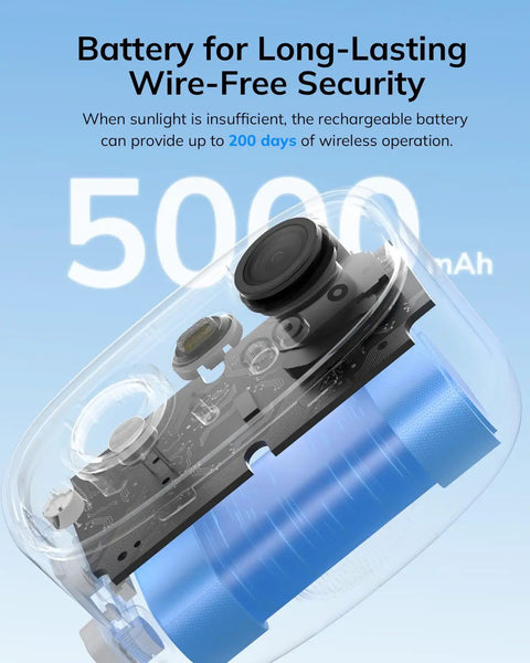 Rugged 2K Wireless Solar Security Camera For Outdoor Home Monitoring Powers Up With A Heavy Duty 5000mAh Battery showing internal components and battery.