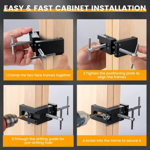 Professional Cabinet Face Frame Clamps Equipped With Exact Drill Guides For Dead Nuts Accurate Fitting and Heavy Duty Rubber Pads used in step-by-step cabinet installation.