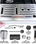 Espresso Machine With Auto Tamper Auto Cleaning Milk Frother And Built In Grinder For At Home Barista Grade Cappuccinos Lattes And Macchiatos With Nine Bar Pressure Extraction And Cafe Quality Crema In Sleek Stainless Steel showing removable components.