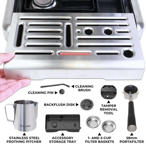 Espresso Machine With Auto Tamper Auto Cleaning Milk Frother And Built In Grinder For At Home Barista Grade Cappuccinos Lattes And Macchiatos With Nine Bar Pressure Extraction And Cafe Quality Crema In Sleek Stainless Steel showing removable components.