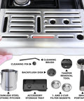 Automatic Espresso Machine With Built In Grinder And Auto Tamper For Barista Grade Morning Sips features stainless steel accessories and cleaning tools.