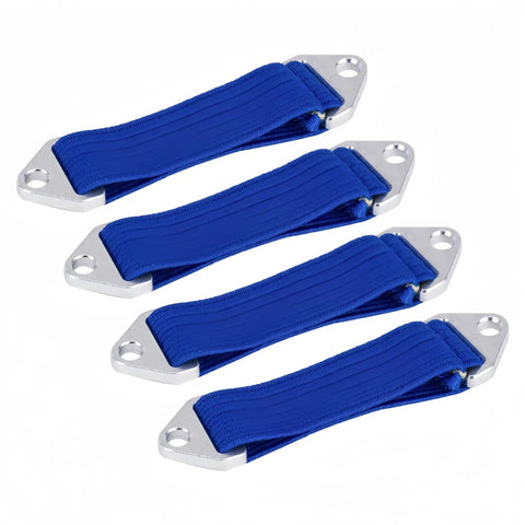 4-Pack blue shock absorber limit straps for TRX4 Traxxas SCX10 one tenth scale RC crawler cars, elastic cotton design.