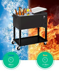 Portable Rolling Patio Cooler With Wheels And Bottle Opener, 80 Quart Beverage Cart For Backyard Parties, Ice Chest On Wheels With Storage Shelf, Easy Pull Trolley For Deck Or Poolside Black with ice and fire background