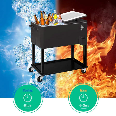 Portable Rolling Patio Cooler With Wheels And Bottle Opener, 80 Quart Beverage Cart For Backyard Parties, Ice Chest On Wheels With Storage Shelf, Easy Pull Trolley For Deck Or Poolside Black with ice and fire background