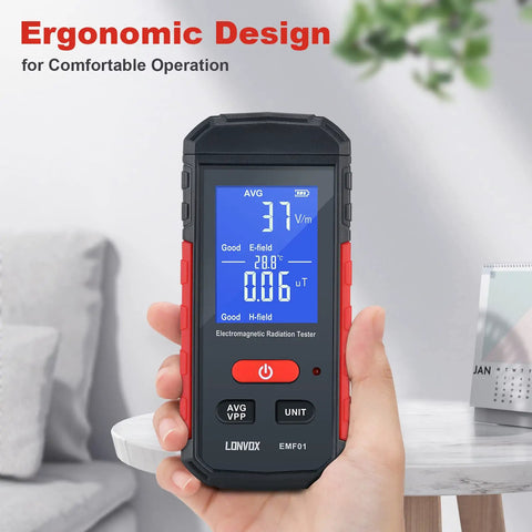 Hand holding EMF Meter 3 In 1 Electric Field Magnetic Field And Temperature Tester With Large LCD Rechargeable EMF Detector