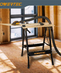 Portable Small Workbench With Vise And Ruler Protractor Scale, Folding Sawhorse Worktable, Four Bench Dogs For Woodworking Projects, Compact On The Go DIY Tool Station For Clamps And More in workshop setting