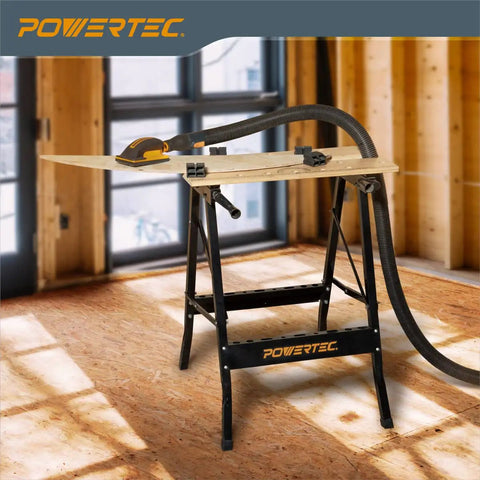 Portable Small Workbench With Vise And Ruler Protractor Scale, Folding Sawhorse Worktable, Four Bench Dogs For Woodworking Projects, Compact On The Go DIY Tool Station For Clamps And More in workshop setting