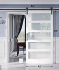 42x84 Inch Glass Barn Door Slab With 7Ft Sliding Hardware Kit And Handle, Five Frosted Glass Panels, LVL Core With White PVC Surface