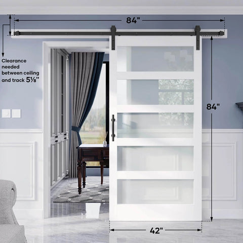 42x84 Inch Glass Barn Door Slab With 7Ft Sliding Hardware Kit And Handle, Five Frosted Glass Panels, LVL Core With White PVC Surface