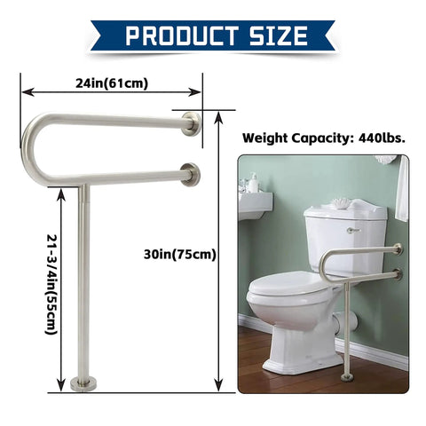 24 Inch Handicap Grab Bars For Bathroom Stainless Steel 304 Wall Mount And Floor Support Handrails No Slip Grip next to toilet