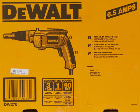 Product packaging for Drywall Screw Gun With Variable Speed And Reversible Drive 6.5 Amp Power, model DW276.