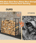 Comparison of Eight Foot Outdoor Firewood Rack With Waterproof Carrier Bag vs unstable firewood stack on rocky ground.
