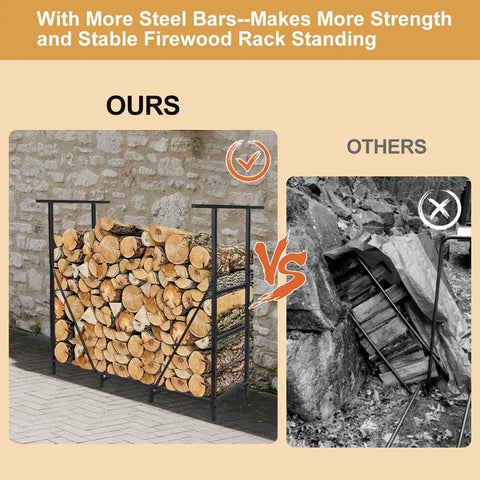 Comparison of Eight Foot Outdoor Firewood Rack With Waterproof Carrier Bag vs unstable firewood stack on rocky ground.