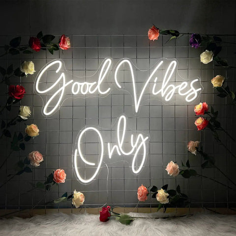Good Vibes Only Neon Sign For Walls Large LED Neon Light For Bedroom Party Bar Café Shop Decor Warm White 56 By 13 Inches glowing on grid wall with roses