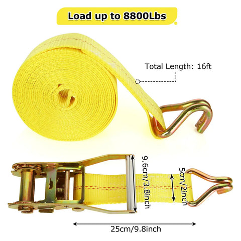 Heavy Duty Ratchet Tie Down Straps For Secure Loads And Weekend Getaways, 2 Inch By 16 Feet Long With Double J Hooks and 8800Lb capacity.