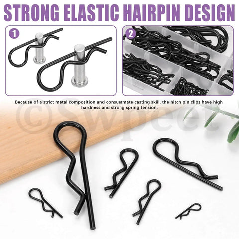 Must-Have 145-Piece Cotter Pin Kit Do-It-All Set With 6 Sizes M1.2x21 M1.5x33 M2x40 M2.5x45 M3x60 M4x85 Zinc Plated Carbon Steel R Clips Hair Pins And Retaining Pins For Dolly Pins Trailer Pins Lawn Mowers Trucks And More; hairpin and R clip detail in trays