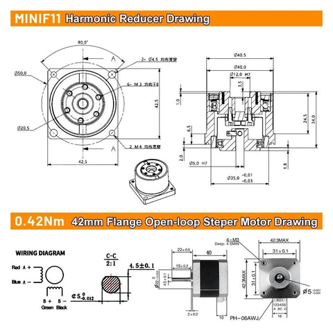 Technical drawing of an Ultra Compact Mini Harmonic Drive Strain Wave Gear Reducer 50 To 1 Ratio For 42 Motor, showing dimensions and details.
