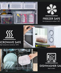 Four Pack Large Fridge Storage Containers With Leakproof Lids And Removable Colander BPA Free Microwave And Dishwasher Safe 3.15 Liter Largest Capacity For Leftovers And Meal Prep shown in freezer, microwave, and dishwasher