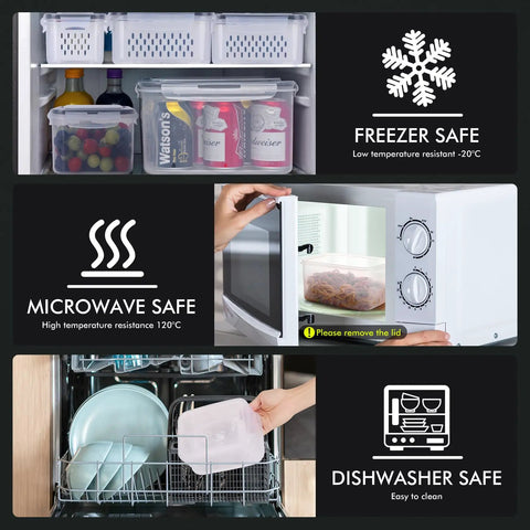 Four Pack Large Fridge Storage Containers With Leakproof Lids And Removable Colander BPA Free Microwave And Dishwasher Safe 3.15 Liter Largest Capacity For Leftovers And Meal Prep shown in freezer, microwave, and dishwasher