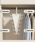 Slick V Shaped Double Sided Clothes Hanger With Twelve Hooks for organizing scarves, hats, belts, and clothes in closet.