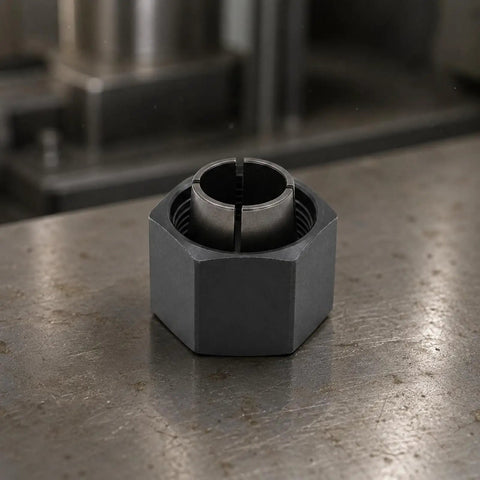 Badass Socket Wrench Assembly Collet Set With Matched Hex Nut Pairs Slotted Steel Threaded Hardware close-up view on a workbench.