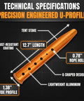 High Visibility Aluminum Tent Stakes 6-Pack, 12.6 Inch U-Shape Sand-Grip showing technical specifications and dimensions
