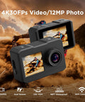 Dual-screen view of Dope 4K Action Camera With Dual Screen And Stabilization Two 12MP Photos 30m Waterproof Underwater 170 Degree Ultra Wide WiFi