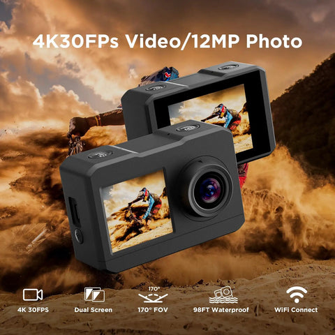 Dual-screen view of Dope 4K Action Camera With Dual Screen And Stabilization Two 12MP Photos 30m Waterproof Underwater 170 Degree Ultra Wide WiFi