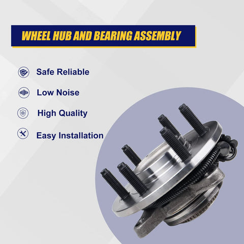 Image showing the Beefed Up Front Wheel Bearing And Hub Assembly 515079 For Ford F-150 4WD 6 Lug With ABS 2005 2008 with features list.