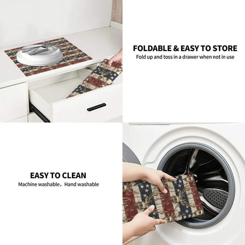 Foldable and easy to store microfiber dish drying mat with wood grain deer print, 16x18 inch, ultra absorbent and machine washable.