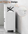 Side view of Farmhouse Style Bathroom Storage Cabinet with anti-tipping design, barn door look, toilet paper organizer, small size.