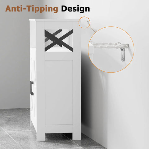 Side view of Farmhouse Style Bathroom Storage Cabinet with anti-tipping design, barn door look, toilet paper organizer, small size.