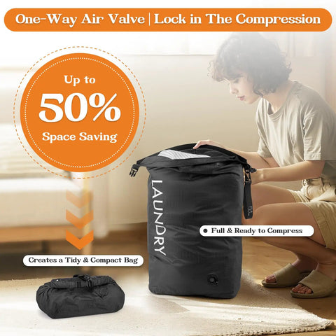 Woman packing Travel Laundry Organizer Bag, Waterproof And Odor Resistant, space-saving wet clothes storage next to bed.