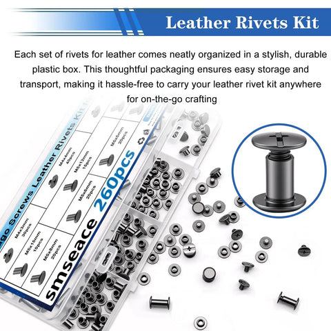 260Pcs Black Chicago Screws And Leather Rivet Kit In 7 Sizes with organized plastic box and nickel coated fasteners