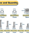 M6 hardware assortment: bolts in 30/25/20/16/12mm (12/16/14/14/16 pcs); 72 M6 lock washers, 72 M6 flat washers, 72 M6 flange nuts