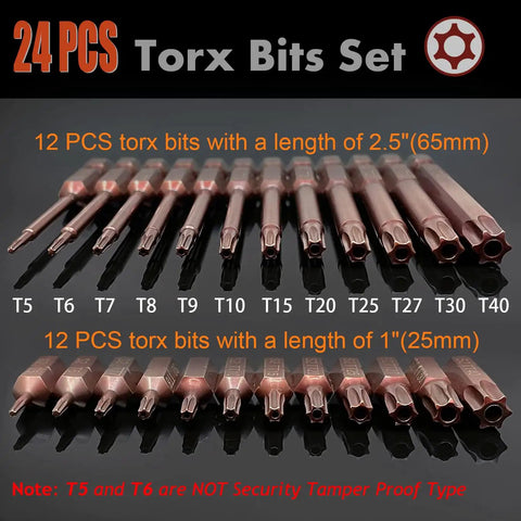 24 Piece Security Torx Bit Set With Magnetic S2 Alloy Steel Bits, High Hardness, Anti Rust Finish, Two Lengths displayed