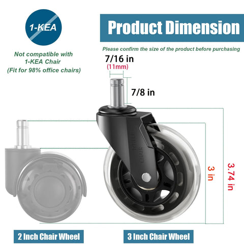 3 Inch Rubber Chair Casters Replacement Set Of 5 With Universal 11mm Stem For Most Office Chairs Gaming Chairs