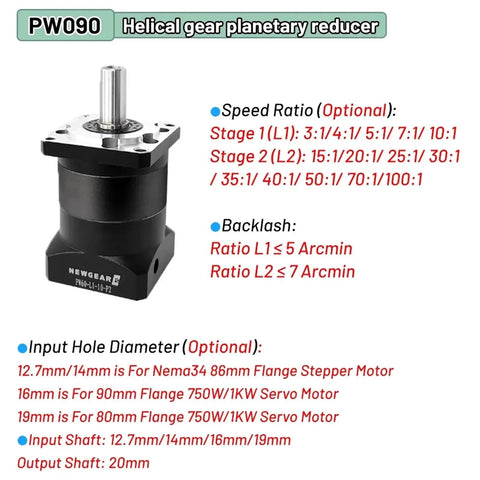 Rock Solid Nema 23 Planetary Gearbox With Helical Stepper Motor Reduction Unit 70 To 1 Ratio And 14Mm Shaft shown from the side with specifications.