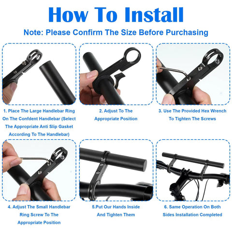 Installation steps for Ultra Long Bike Handlebar Extender Eleven Point Eight Inches Aluminum Alloy Cross Bar.