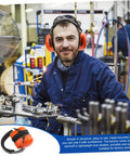 Heavy Duty Hearing Protection Earmuffs Built To Crush Nasty Workshop And Factory Noise Solid Sound Insulation Headband for factory worker use in bright orange.