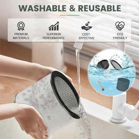 Person rinsing Must Have Replacement Filter Kit For 5 Gallon And Larger Wet Dry Vacuums under faucet, displaying washability.