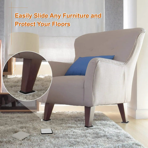 Armchair with Furniture Sliders For Carpet And Hardwood Floors 16 Pack 2 Inch Square Movers on legs to protect flooring.